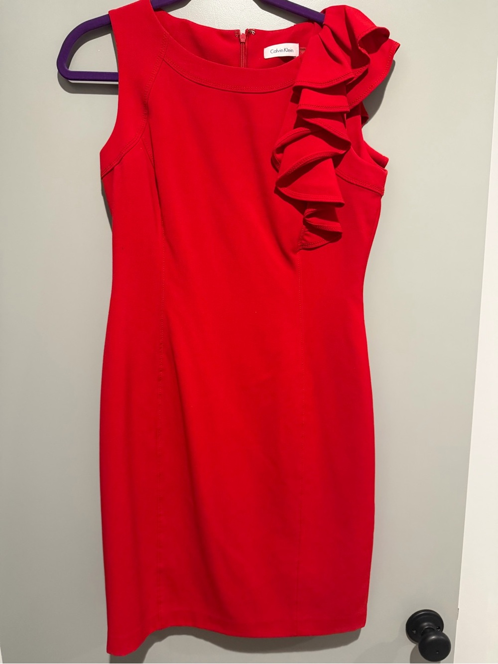 Calvin Klein Bright Red One-Shoulder Ruffle Sheath Dress